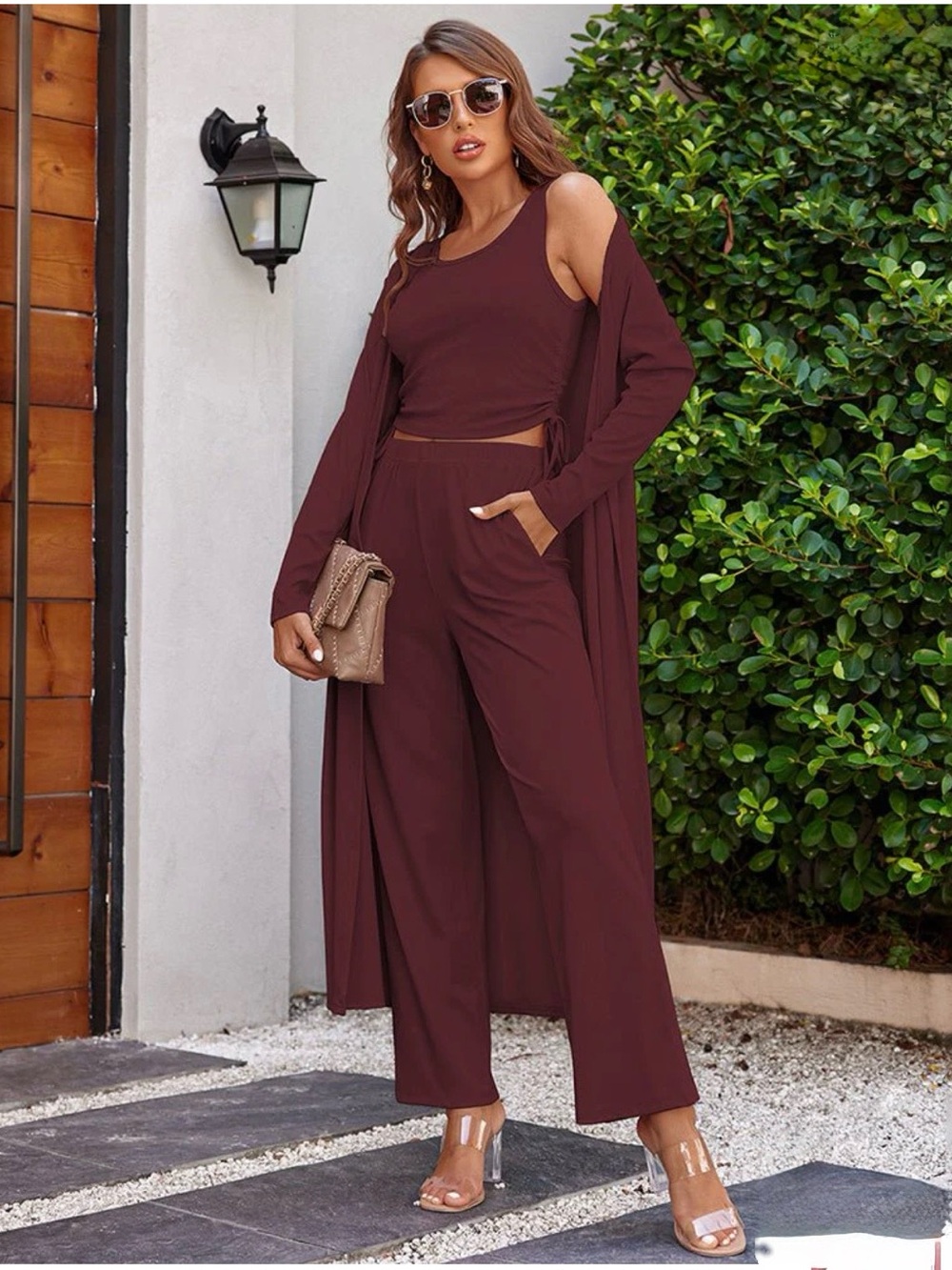 Ekouaer 3 Piece Lounge Set Drawstring Side Sweatsuit Cardigan Pants Tank Size S